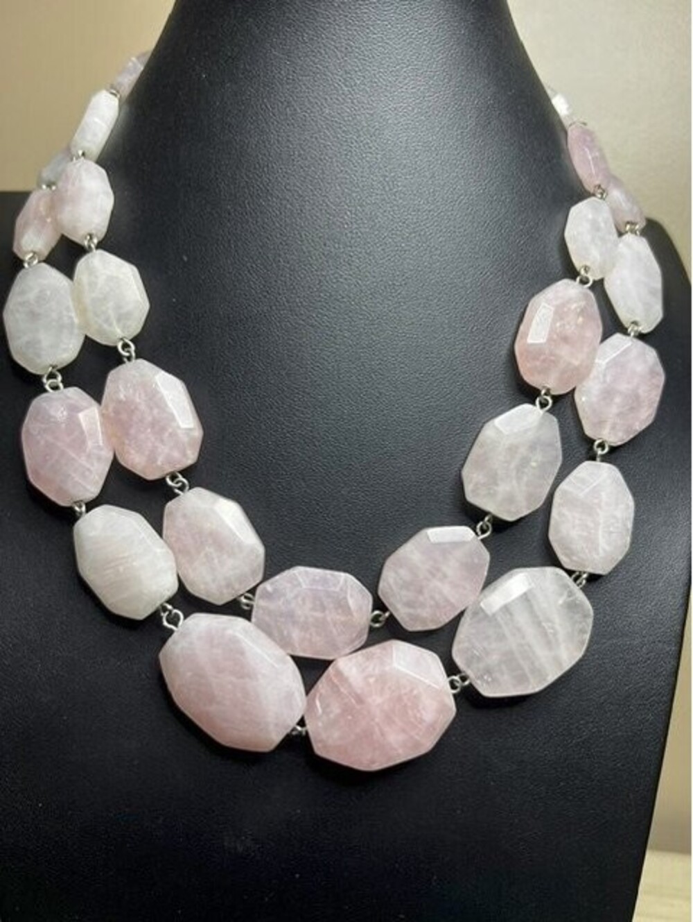 B6482 Talbots Faceted Rose Quartz Two Strand Bib Necklace Chunky Pink
